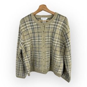 Robert Scott Womens size Large Wool Silk Blend Beige Plaid Sweater Cardigan